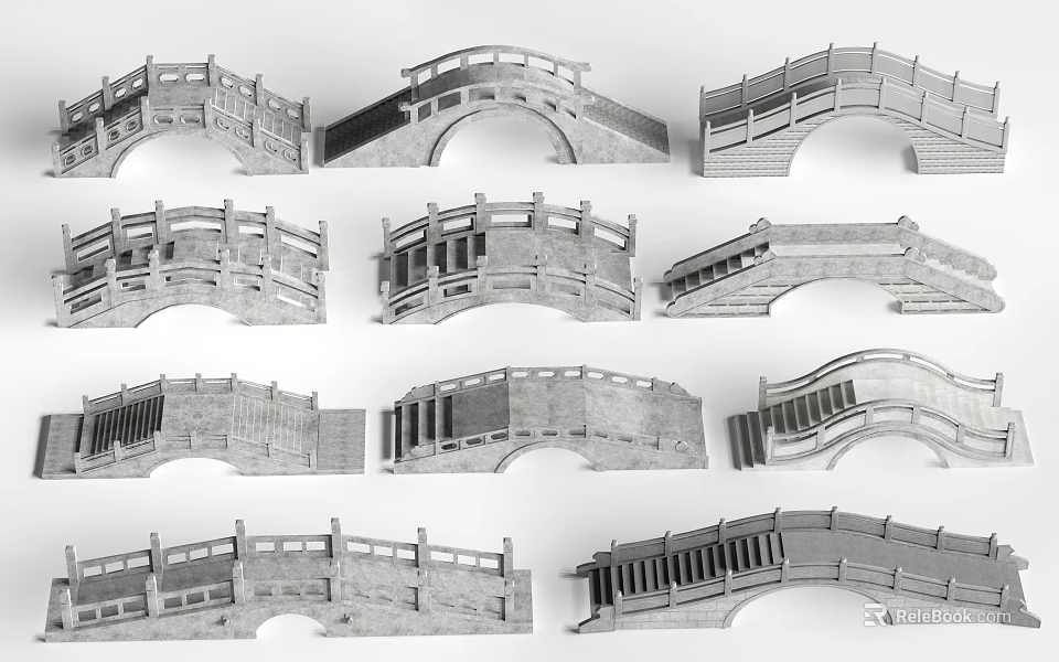 Different Types of Landscape Bridge Designs Featuring Arched Structures And Stone Railings 3d model 