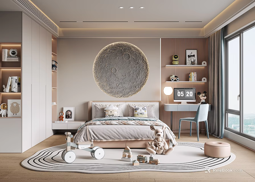 Cozy Kids Room Interior With Moon Wall Decor Bed Toys Desk Bookshelf And Rug 3d model 