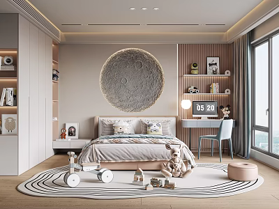 Cozy Kids Room Interior With Moon Wall Decor Bed Toys Desk Bookshelf And Rug 3d model