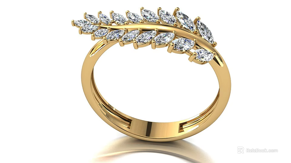 Sparkling Diamond Encrusted Gold Ring Featuring Elegant Leaf Design and Shiny Stones 3d model 