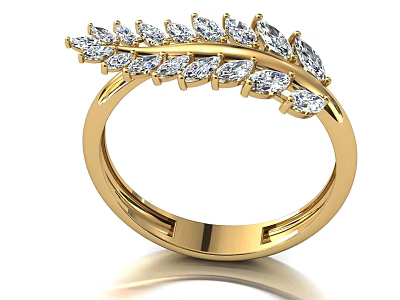Sparkling Diamond Encrusted Gold Ring Featuring Elegant Leaf Design and Shiny Stones 3d model