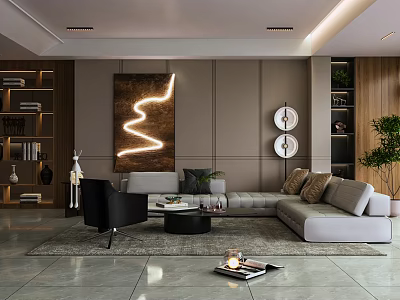 Modern Living Room Interior Design With L shaped Sofa Coffee Table Decorative Painting And Plants 3d model