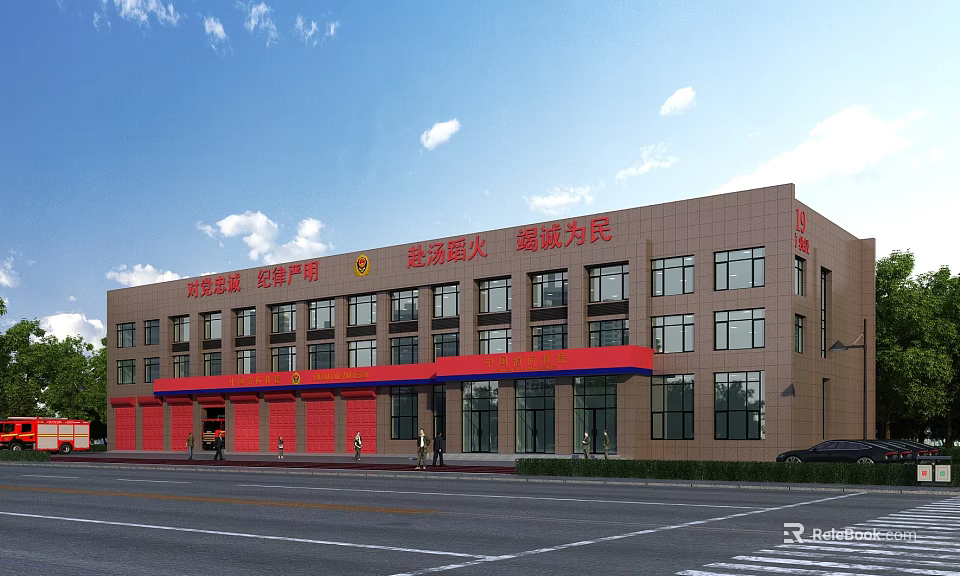 Urban Fire Station Multi Story Building With Red Doors Light Colored Exterior And Windows 3d model 