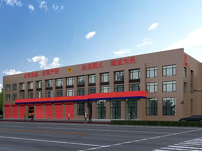 Urban Fire Station Multi Story Building With Red Doors Light Colored Exterior And Windows 3d model