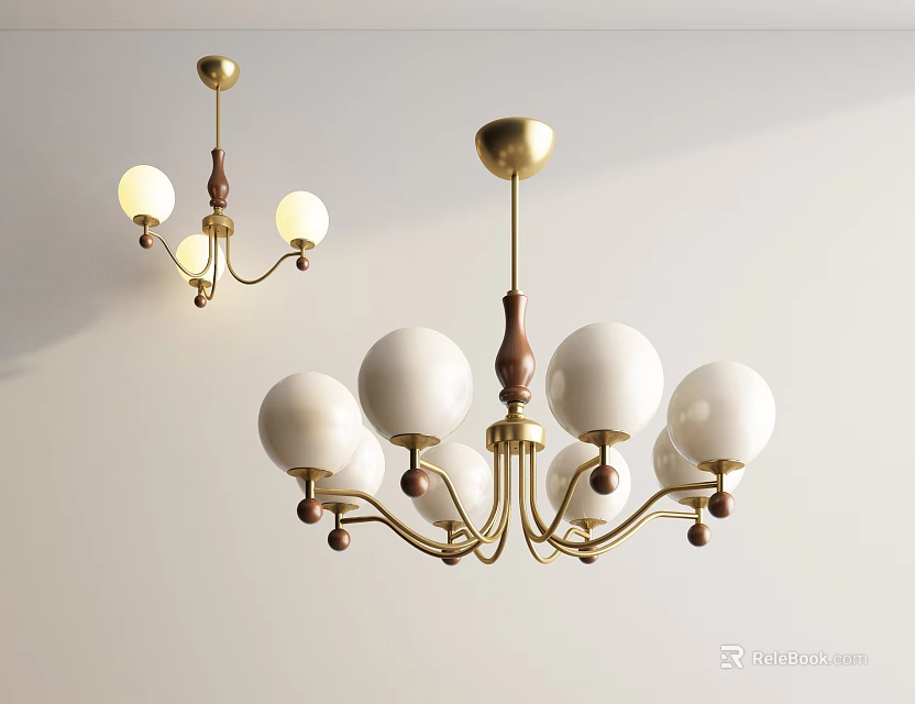 Modern Chandelier With White Globe Lamps Gold Frame And Wooden Accents Design 3d model 