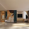 Modern Living and Dining Room Interior with Sofa Coffee Table Bookshelf and Pendant Light