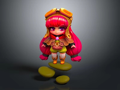 Cute Fantasy Creature Character With Pink Long Hair Goggles Wing Decorations On Green Stones 3d model