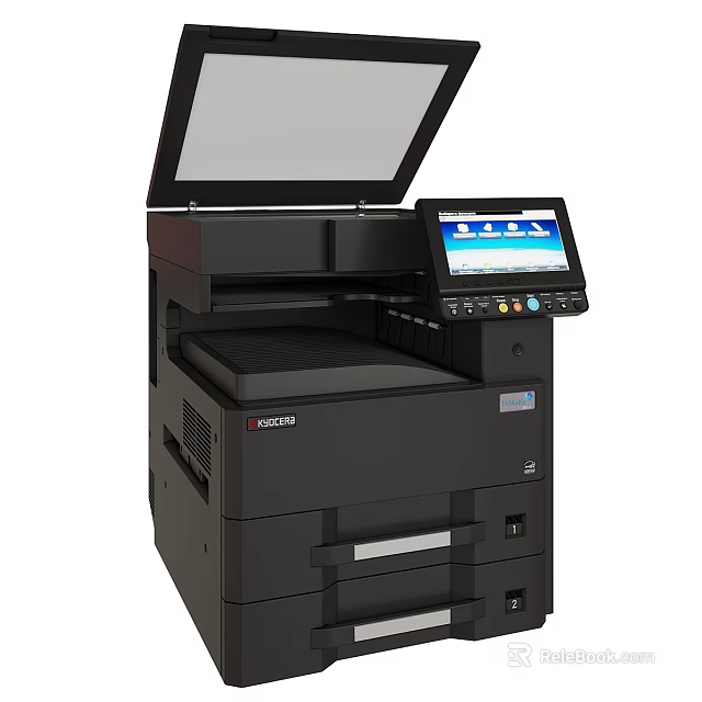 Black Multifunction Printer With Scanner Lid Open And Color Touchscreen 3d model 