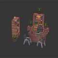 Toy Building Block Room Setup With Bookshelf Table Chairs And Potted Plants