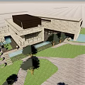 Modern Office Building With Stone Facade Large Windows Balcony And Lush Lawn Trees
