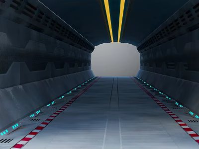 Cartoon Scene Futuristic Tunnel With Metallic Walls Yellow Lines Red White Striped Floor Blue Lights 3d model