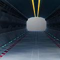 Cartoon Scene Futuristic Tunnel With Metallic Walls Yellow Lines Red White Striped Floor Blue Lights