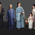 Multi Generational Group of People in Traditional Clothing Ancient Style Gathering with Vase on Table