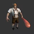 Traditional Hat Wearing Character With Suspenders In White Shirt Brown Shorts Holding Large Biological Sausage