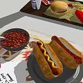 Fast Food Assortment Including Hamburger French Fries Coca Cola Hot Dogs And Ketchup Packets