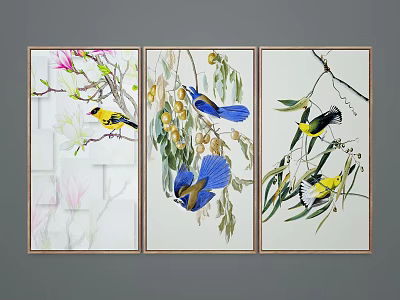 Three Panel Landscape Painting With Birds Flowers And Tree Branches 3d model