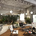 Industrial Style Café Interior With Concrete Structure Green Plants Pendant Lights And Canopy Decoration