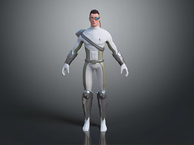 3D Model Of Futuristic Humanoid Character In White Gray Silver Tech Armored Costume With Glasses 3d model