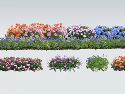 Colorful Mixed Flower Beds With Orange Pink Purple And Blue Blooms In Garden 3d model