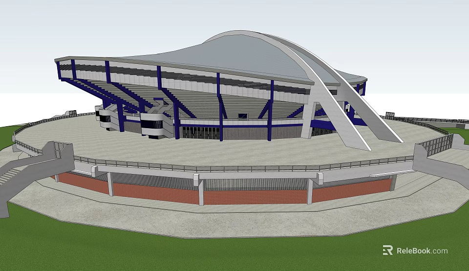 Modern Stadium Design Featuring Large Curved Roof Blue Steel Supports And Seating Areas 3d model 