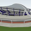 Modern Stadium Design Featuring Large Curved Roof Blue Steel Supports And Seating Areas