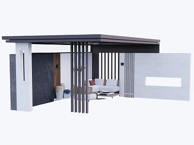Modern Pergola Design With Vertical Slats Black Roof And Leisure Seating Area 3d model