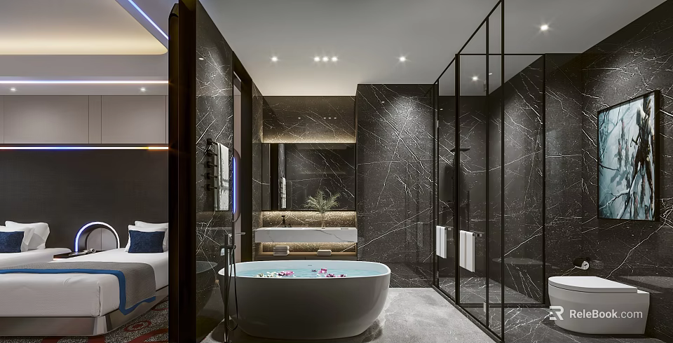 Luxury Hotel Room Bathroom With Black Marble Walls Freestanding Bathtub And Glass Shower 3d model 