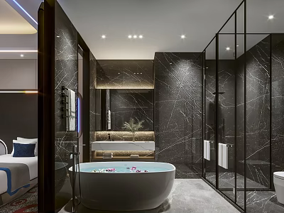 Luxury Hotel Room Bathroom With Black Marble Walls Freestanding Bathtub And Glass Shower 3d model