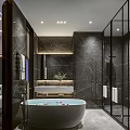 Luxury Hotel Room Bathroom With Black Marble Walls Freestanding Bathtub And Glass Shower