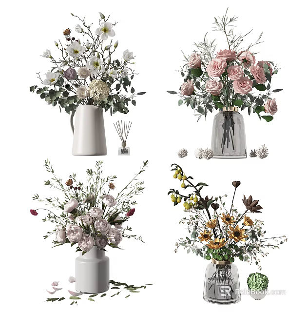 Ceramic And Glass Vases With Assorted Flowers Including Roses Sunflowers And Mixed Blooms 3d model 