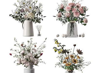 Ceramic And Glass Vases With Assorted Flowers Including Roses Sunflowers And Mixed Blooms 3d model