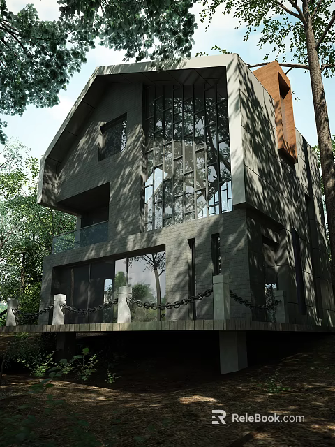 Modern Two Story Wooden House With Large Windows Forest Surroundings And Balcony 3d model 