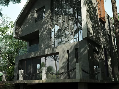 Modern Two Story Wooden House With Large Windows Forest Surroundings And Balcony 3d model