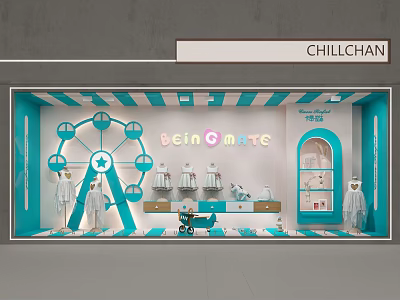 Vibrant beinGmate Kids Clothing Window Display With Ferris Wheel Decoration And Blue White Design 3d model