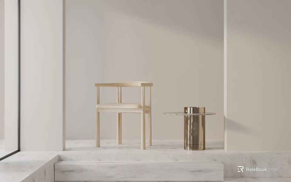 Modern Wooden Dining Chair With Brass Side Table On Marble Steps Light Beige Wall 3d model 
