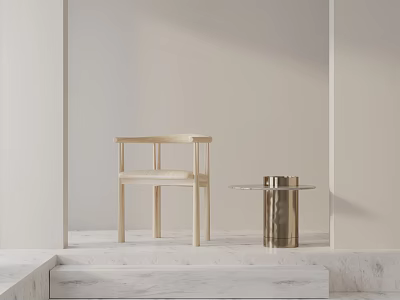 Modern Wooden Dining Chair With Brass Side Table On Marble Steps Light Beige Wall 3d model