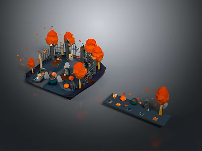 Orange Trees in Low Poly 3D Model with Small Figures and Platform Structures 3d model