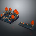 Orange Trees in Low Poly 3D Model with Small Figures and Platform Structures 3d model