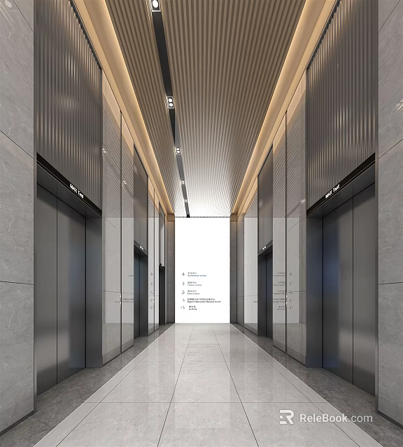 Modern Elevator Hallway Interior With Metal Walls Elevator Doors And Tiled Floor 3d model 