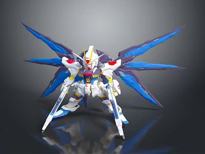 Gundam Model Figure With Blue Purple Wings White Body And Red Yellow Details 3d model