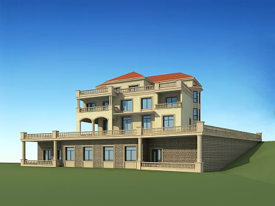 Detached Villa With Red Roof Beige Exterior Balconies Arched Design And Green Lawn 3d model