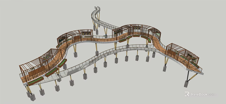 Winding Elevated Road Walkway with Wooden Structure and Metal Railings Support Pillars 3d model 