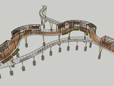 Winding Elevated Road Walkway with Wooden Structure and Metal Railings Support Pillars 3d model