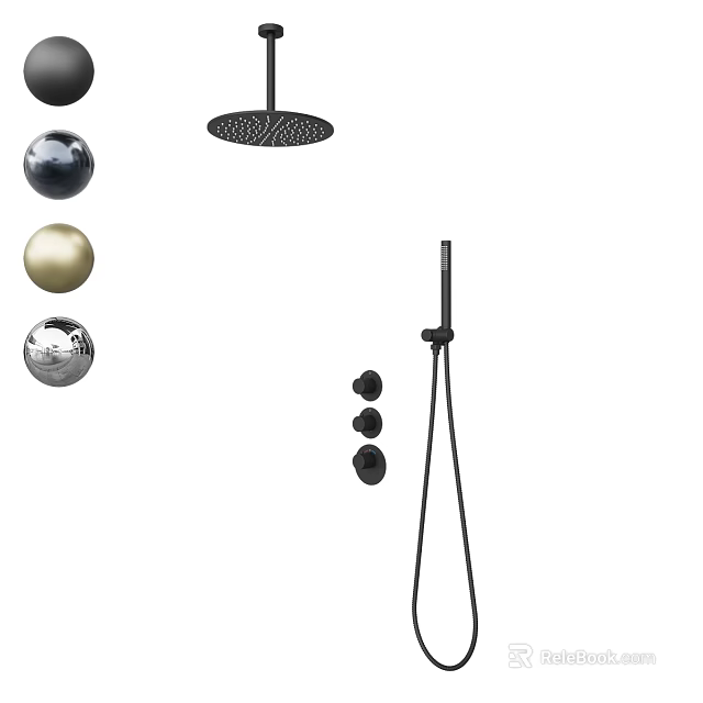 Modern Black Metal Shower System With Rainfall Head Handheld Sprayer And Control Knobs 3d model