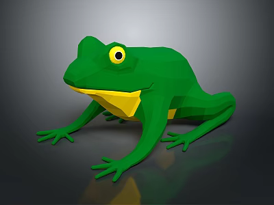 Realistic Green Reptile Sculpture with Yellow Underbelly and Big Eyes on Shiny Black Surface 3d model