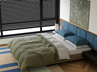 Comfortable Double Bed With Blue Padded Headboard Green Comforter White Sheets And Black Blinds 3d model