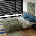 Comfortable Double Bed With Blue Padded Headboard Green Comforter White Sheets And Black Blinds