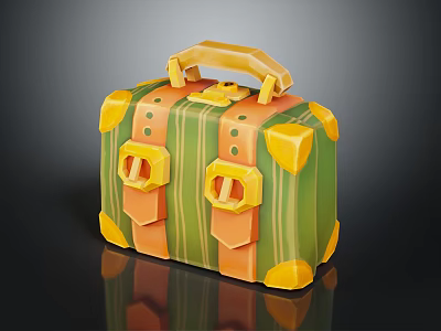 Cartoon Style 3D Suitcase With Green Orange Body Yellow Corners And Handle 3d model