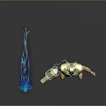 Robot Character With Green Gold Armor Glowing Head Arm Device And Blue Energy Orb