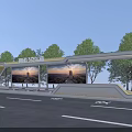 Modern Bus Stop Public Facility With Shelter Structure Large Screens And Green Trees
